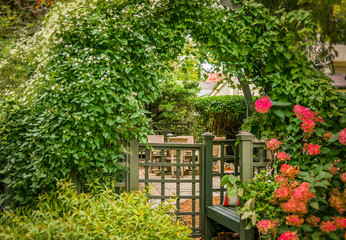 Autumns inviting garden gateway  and vine covered trellis, arbor, secluded patio dining, garden design. focus effect