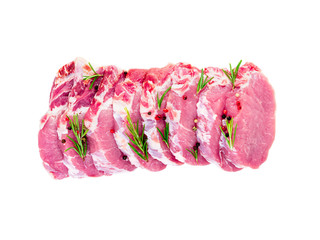 pork meat slices loin with seasoning isolated on white background, top view