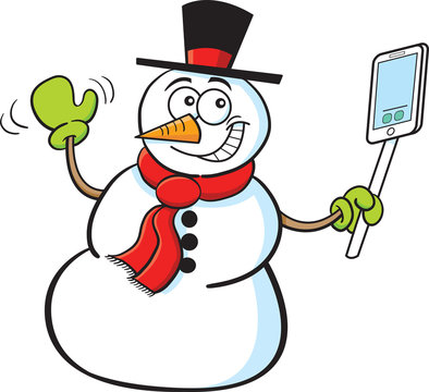 Cartoon illustration of a smiling snowman holding a cell phone.