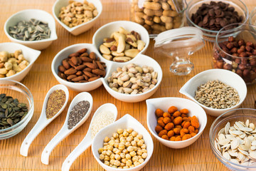 A collection of different dry fruits. Legume family