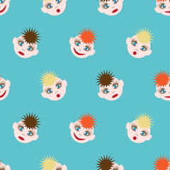 Seamless pattern with funny smileys. The image of colored hair of different colors and different emotions