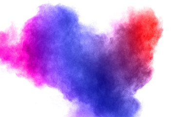 Color dust splash cloud on white background. Launched color powder explosion on background.