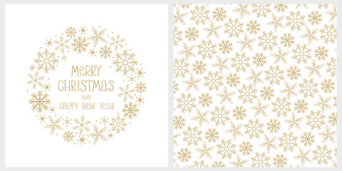 Cute Hand Drawn Christmas Vector Card. Gold Snowflakes and Hand Written Letters. Merry Christmas and Happy New Year. White Background.   