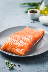 Smoked salmon on plate. Selective focus, space for text.