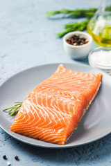 Smoked salmon on plate. Selective focus, space for text.
