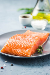 Smoked salmon on plate. Selective focus, space for text.