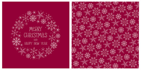 Cute Hand Drawn Christmas Vector Card. White Snowflakes and Hand Written Letters. Merry Christmas and Happy New Year. Dark Red Background.   