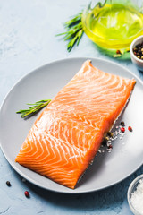 Smoked salmon on plate. Selective focus, space for text.
