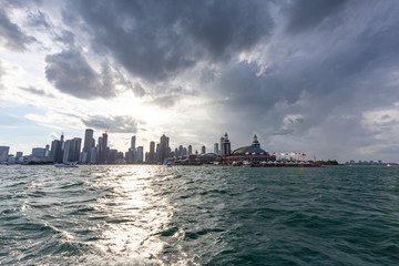 Chicago city view from Michigan Lake in beautiful a sunny day.