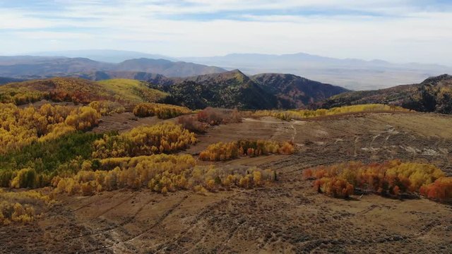 Aerial-Descending over sagebrush hill viewing erosion-control terracing done by the Civilian Conservation Corp in the 1930's with vibrant fall colors in the background.