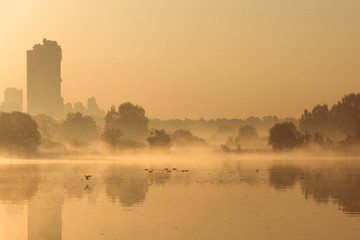 foggy sunrise over river
