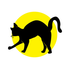 Vector Illustration. Silhouette cat on yellow circle. Shadow-figure isolated cat icon
