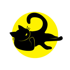 Vector Illustration. Silhouette cat on yellow circle. Shadow-figure isolated cat icon