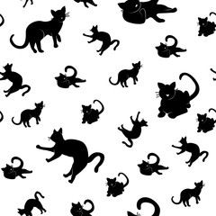 Vector Illustration. Set of Silhouette cat seamless pattern. Shadow-figure isolated cat icon for design