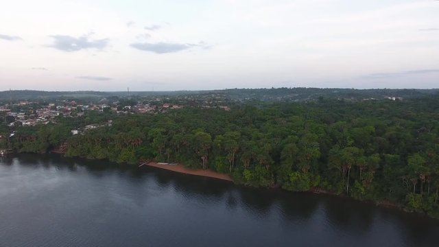 Beach along the Oiapoque River. Drone aerial view. Amazonian forest