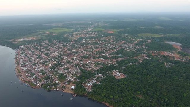 Oiapoque city in Brazil view by drone. Sunset time