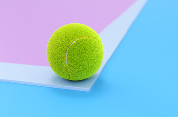 Tennis balls line up on a pink and blue 3d rendering court.The concept of healthy living and exercise.