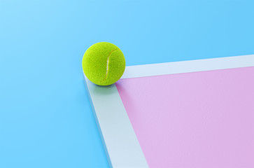 Tennis balls line up on a pink and blue 3d rendering court.The concept of healthy living and exercise.