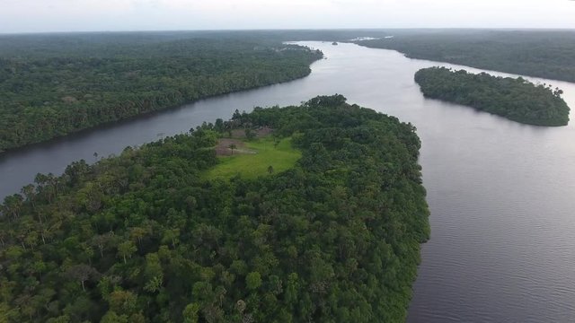 Oiapoque River border between French Guiana and Brazil. Aerial view Islands