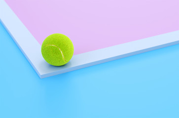 Tennis balls line up on a pink and blue 3d rendering court.The concept of healthy living and exercise.