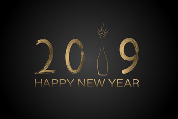 Happy New Year - 2019. Lettering and bottle of champagne in golden colors.