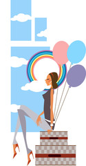 Side profile of a woman sitting and holding balloons