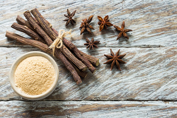 licorice root and flour and anise on the table