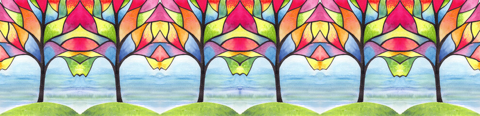 Stylization of the tree. Watercolor.Seamless pattern. Use printed materials, signs, objects, websites, maps, posters, postcards, watercolor. Illustration for interior decoration.