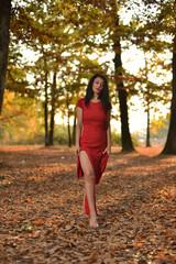 Young woman wearing a long red dress posing on a an autumn day in the woods.