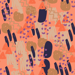 Modern hand draw colorful abstract seamless pattern with geometrical shapes: circles, triangles, lines. Vector illustration.