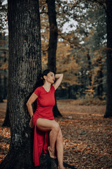 Young woman wearing a long red dress posing on a an autumn day in the woods.