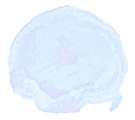 Blue pastel watercolor hand-drawn isolated wash stain on white background for text, design. Abstract texture made by brush for wallpaper, label.