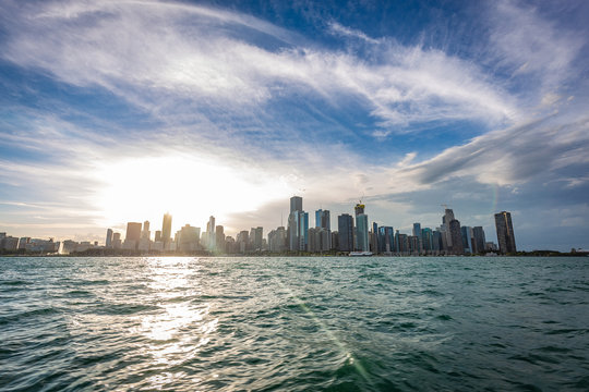 Chicago city view from Michigan Lake in beautiful a sunny day.