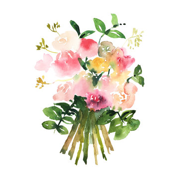 Hand drawn watercolor bouquet. Design for card, invitation. Vect