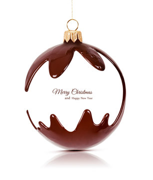 Christmas toy made of melted chocolate. Chocolate Christmas toy. New Year's decoration. Holiday concept.