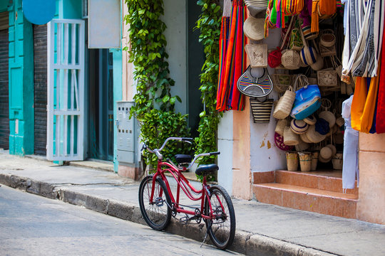 Bicycle parked at the beautiful streets of the walled city in Cartagena de Indias