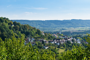 Germany, Little village in green forest near Murrhardt