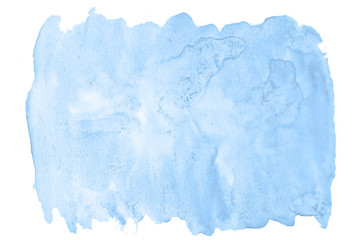 Blue pastel watercolor hand-drawn isolated wash stain on white background for text, design. Abstract texture made by brush for wallpaper, label.