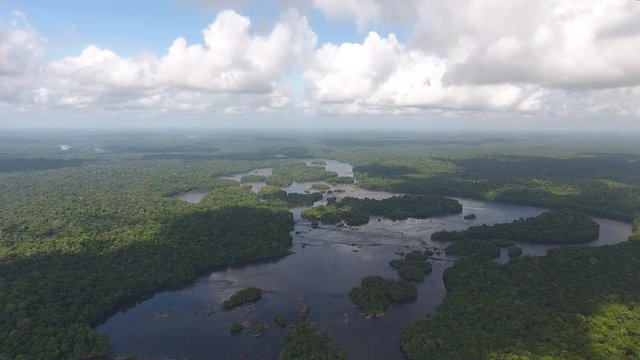 Oiapoque river through the amazonian forest by drone. Guiana Brazil