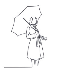 Continuous Line Drawing of young woman is standing under an umbrella in a fashionable autumn coat. Vector One Line Sketch.