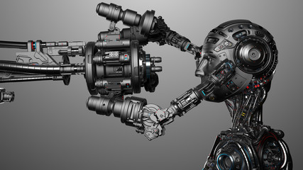 Futuristic robot man being constructed by robotic arm or cyborg under construction. Isolated on gray background. 3D illustration.