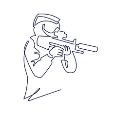 Continuous One Line Drawing of Paintball Player or Sketch vector illustration the silhouette of a soldier in profile with helmet and gun ready for battle.