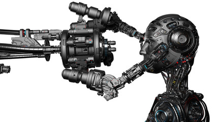 Futuristic robot man being constructed by robotic arm or cyborg under construction. Isolated on white background. 3D illustration.