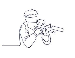 Continuous One Line Drawing of Paintball Player or Sketch vector illustration the silhouette of a soldier in profile with a gun ready for battle.