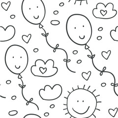Seamless pattern with clouds, balloons and hearts