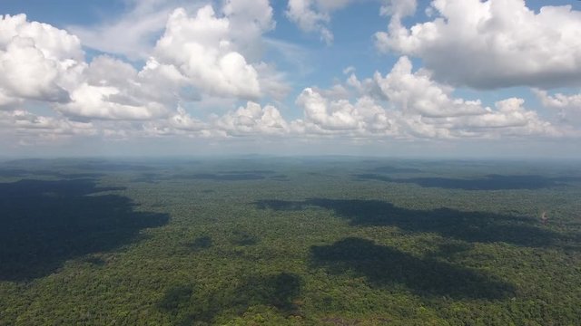 Aerial view shadow of clouds over rain forest landscape in Guiana. 