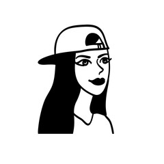 Vector black and white image of a young girl with tattoos. Vector logo hipster girl.
