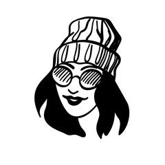 Beautiful young woman in knitted Hat. Hand drawn stylish woman portrait. Fashion lady. Winter outfit. Sketch.