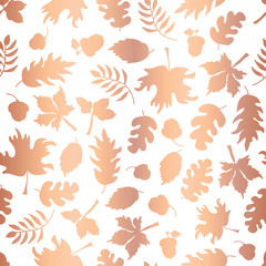 Rose Gold foil autumn leaf silhouettes seamless vector background. Copper shiny abstract fall leaves shapes on white background. Elegant pattern for digital paper, Thanksgiving card, party invitations