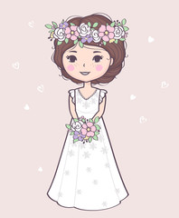 Vector illustration with a beautiful bride in a wedding dress holding bouquet. Cute cartoon bride character